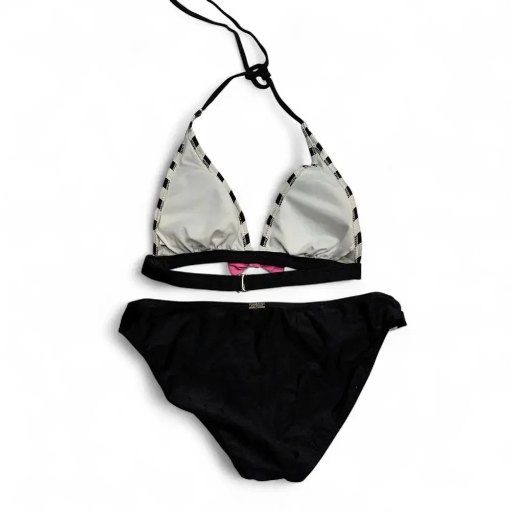 Y2K black and white striped bikini set with pink bow detail size M brand is Heat